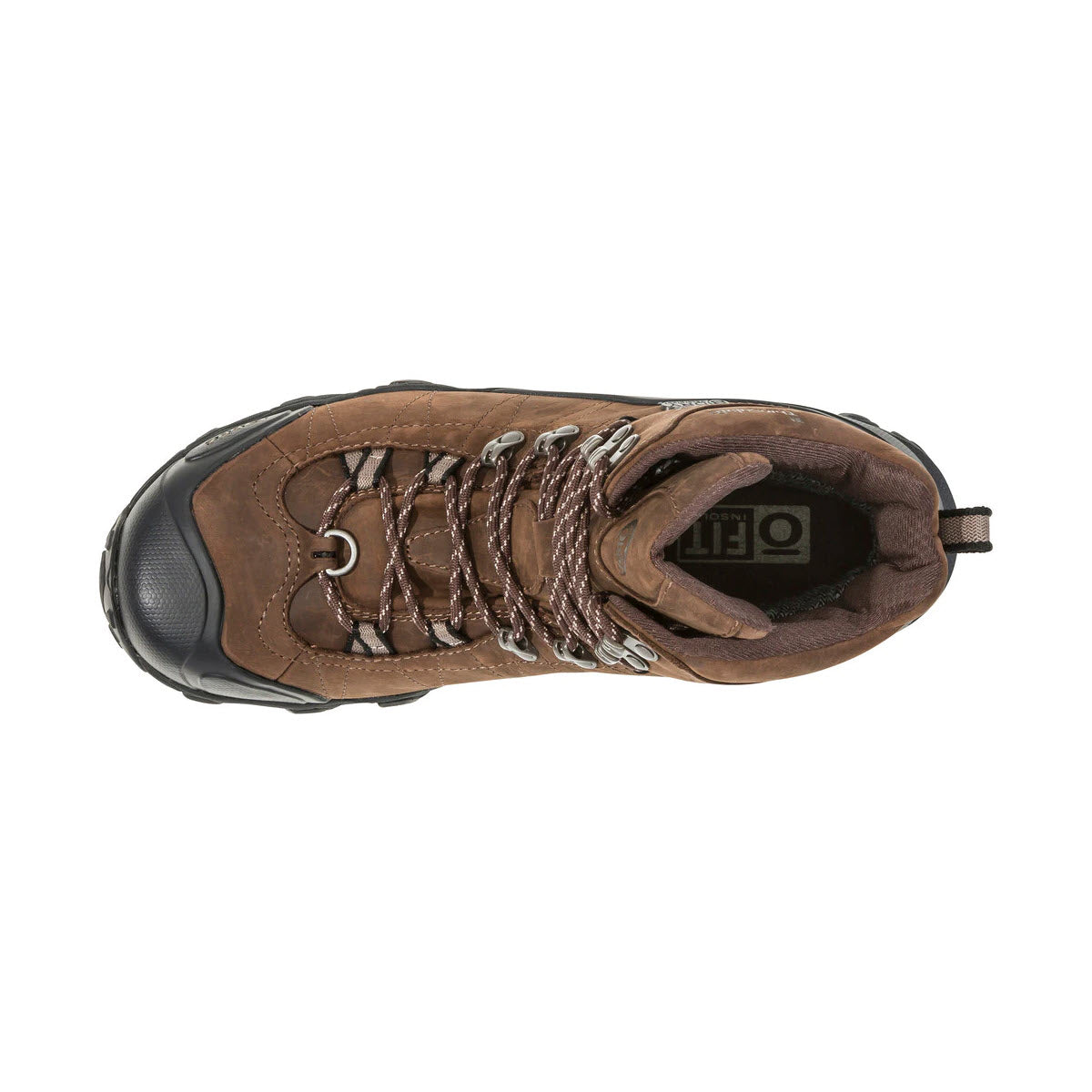 Top view of an Oboz BRIDGER 8&quot; INSULATED B-DRY BARK - MENS hiking boot with laced-up strings and a black toe cap featuring a winterized rubber outsole.