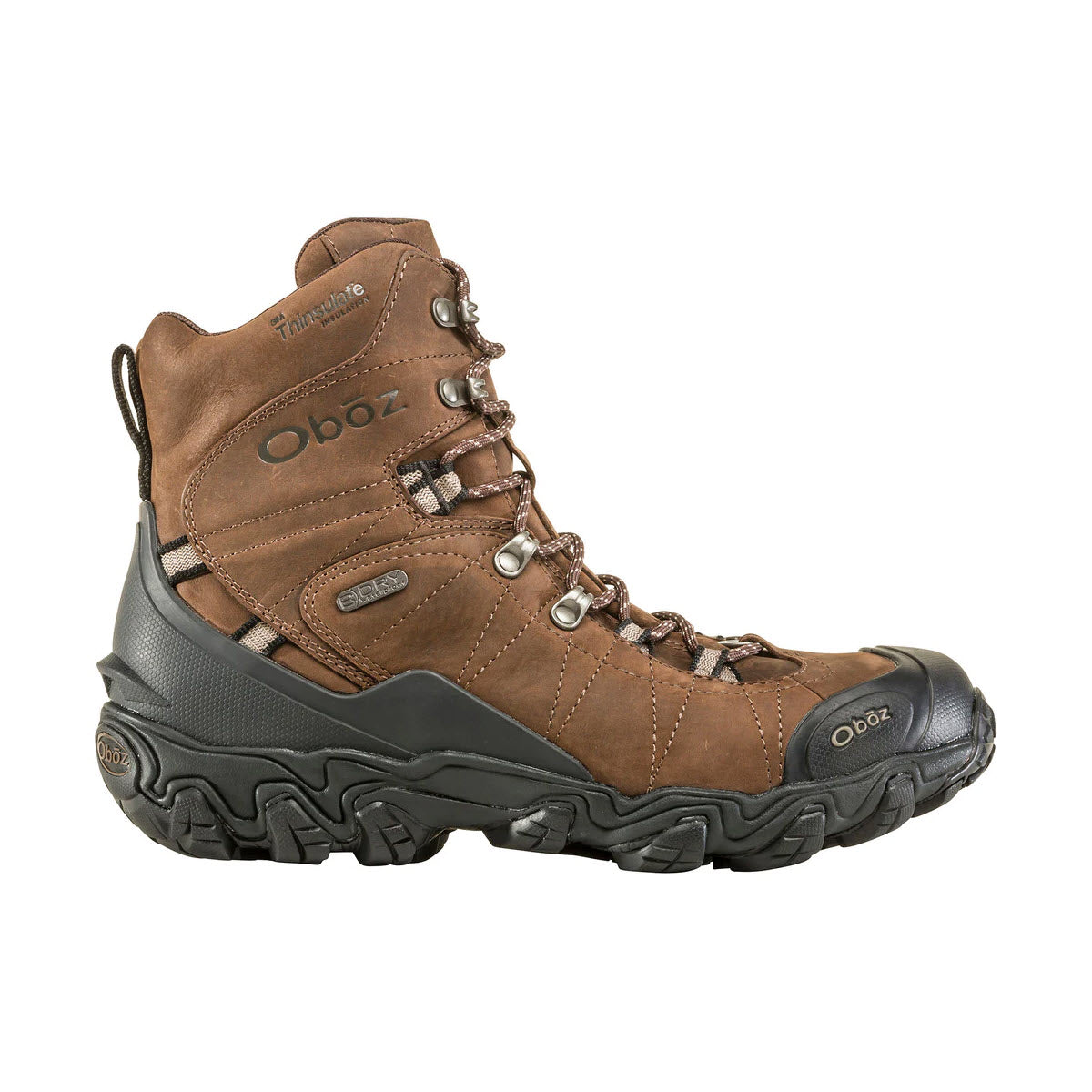 A single Oboz BRIDGER 8&quot; INSULATED B-DRY BARK hiking boot featuring a high-top design, brown leather upper, and sturdy black rubber sole, isolated on a white background.