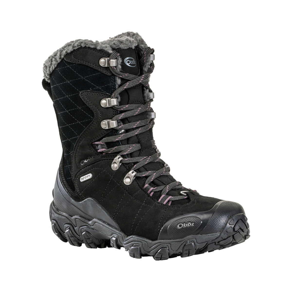 A Oboz Bridger 9&quot; Insulated B-Dry Black Sea women&#39;s winter hiking boot with fur lining and rugged sole, featuring lace hooks and a quilted design.