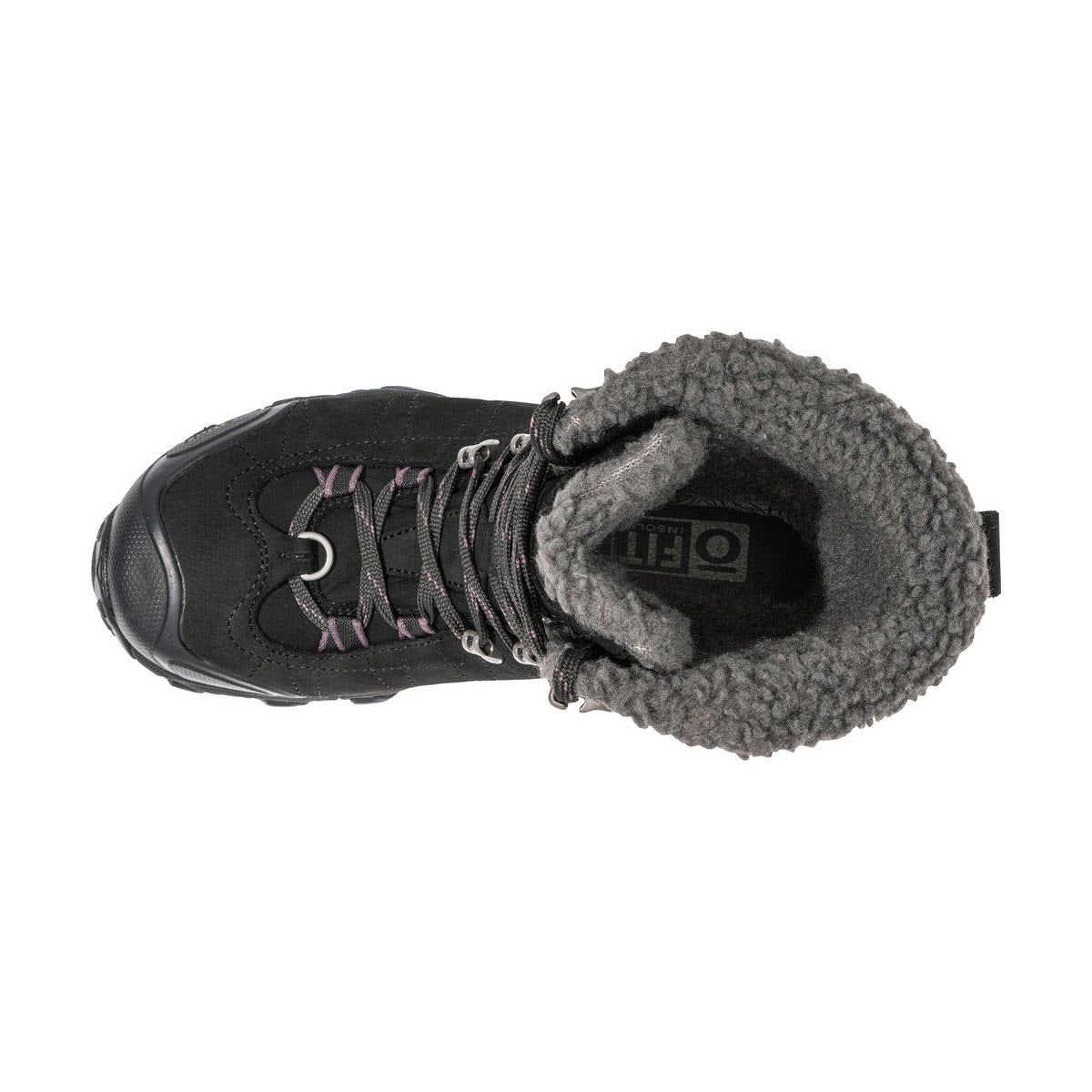 Top view of a single Oboz Bridger 9&quot; Insulated B-Dry Black Sea boot with grey fur lining and pink laces, designed as a woman&#39;s insulated boot.