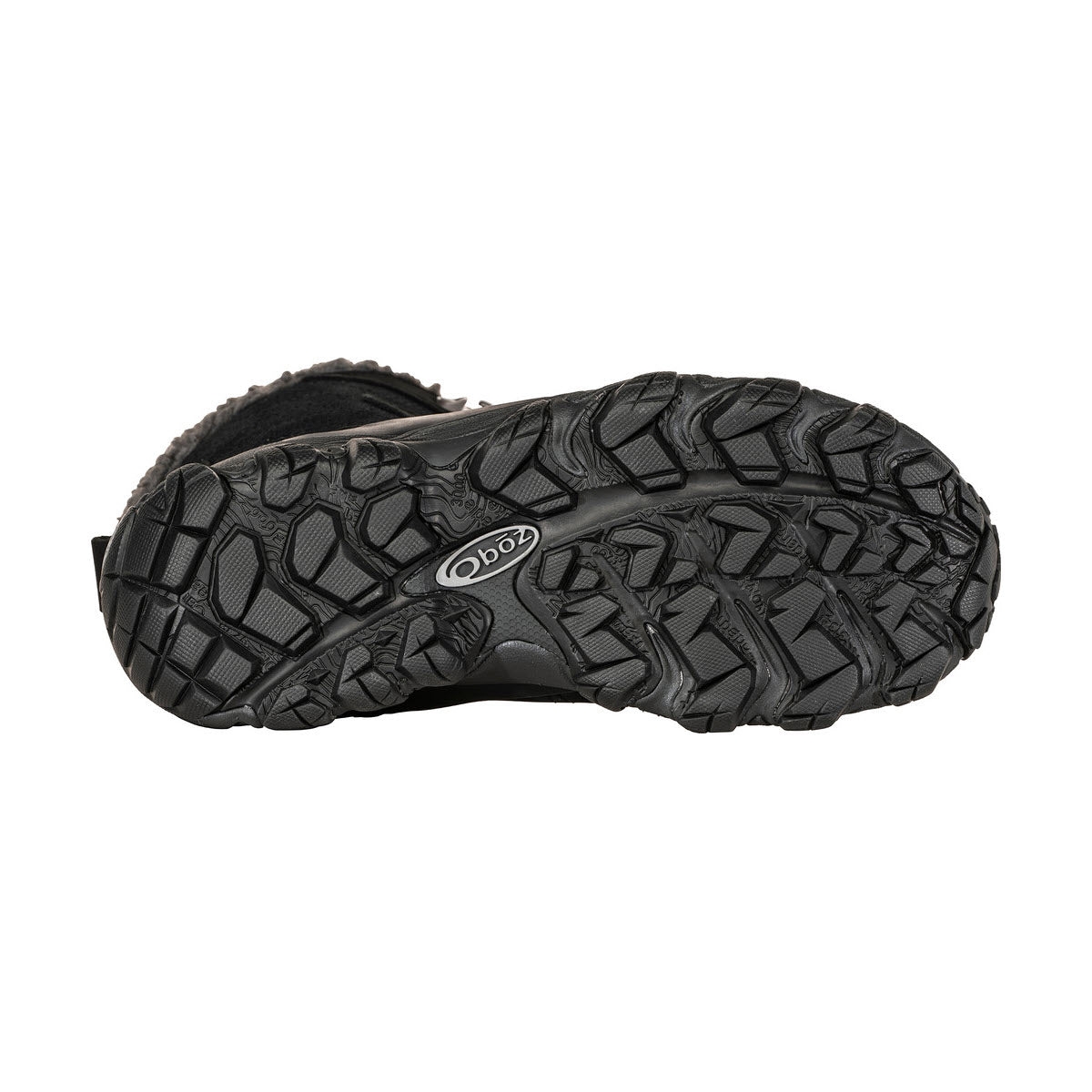 Black hiking shoe sole with a complex tread pattern and visible Oboz logo, designed for women&#39;s OBOZ BRIDGER 9&quot; INSULATED B-DRY BLACK SEA boots.