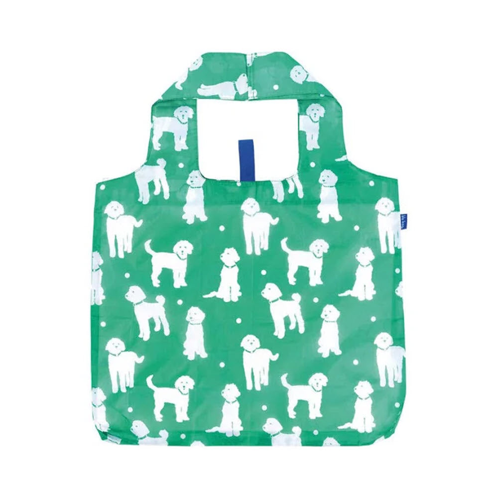 A green eco-friendly Rockflowerpaper BLU BAG MARVIN with a white dog print design, featuring handles and a blue tag on the front.