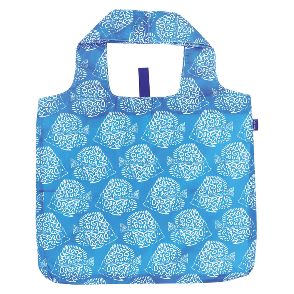 Reusable BLU BAG INDIGO FISH shopping bag with a pattern of white ornate fish designs, featuring built-in handles and a compact design, perfect for market runs by Rockflowerpaper.