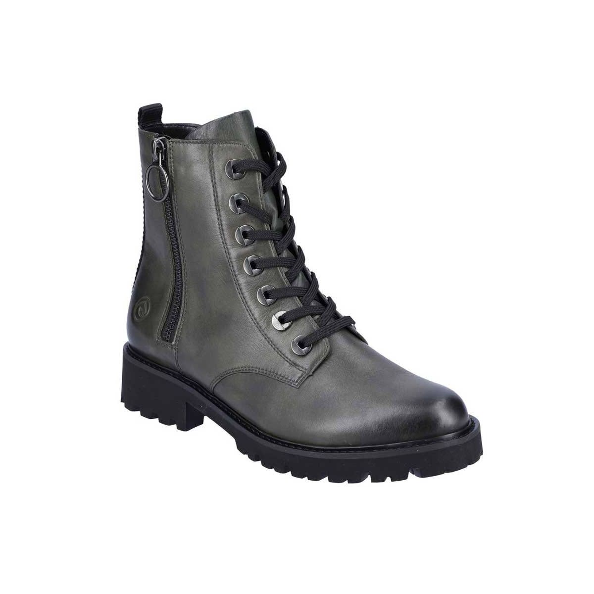 Remonte forest green faux-leather combat bootie with a side zipper on a white background.