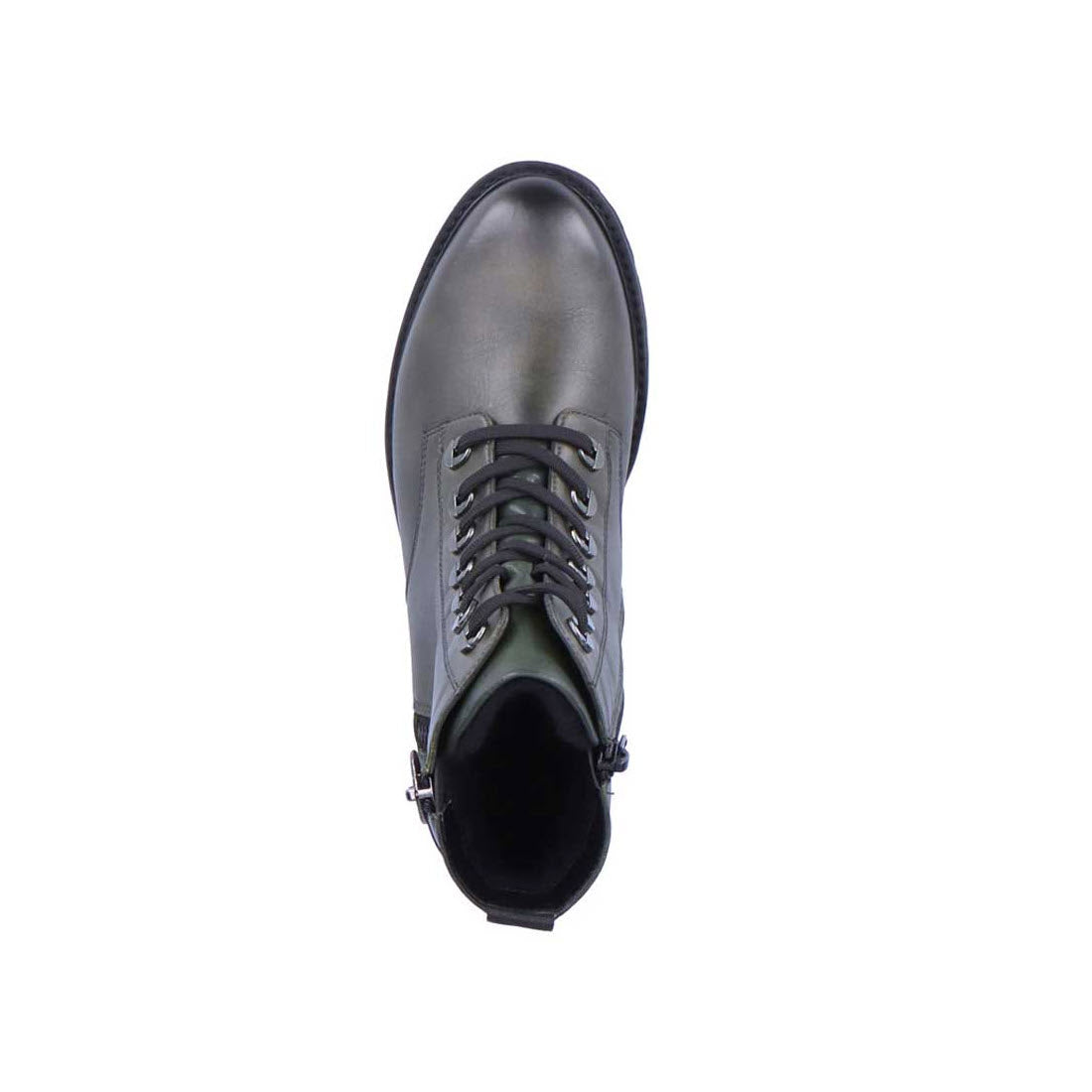 Top view of a single Remonte Tailored Combat Bootie in forest green, with laces, isolated on a white background.