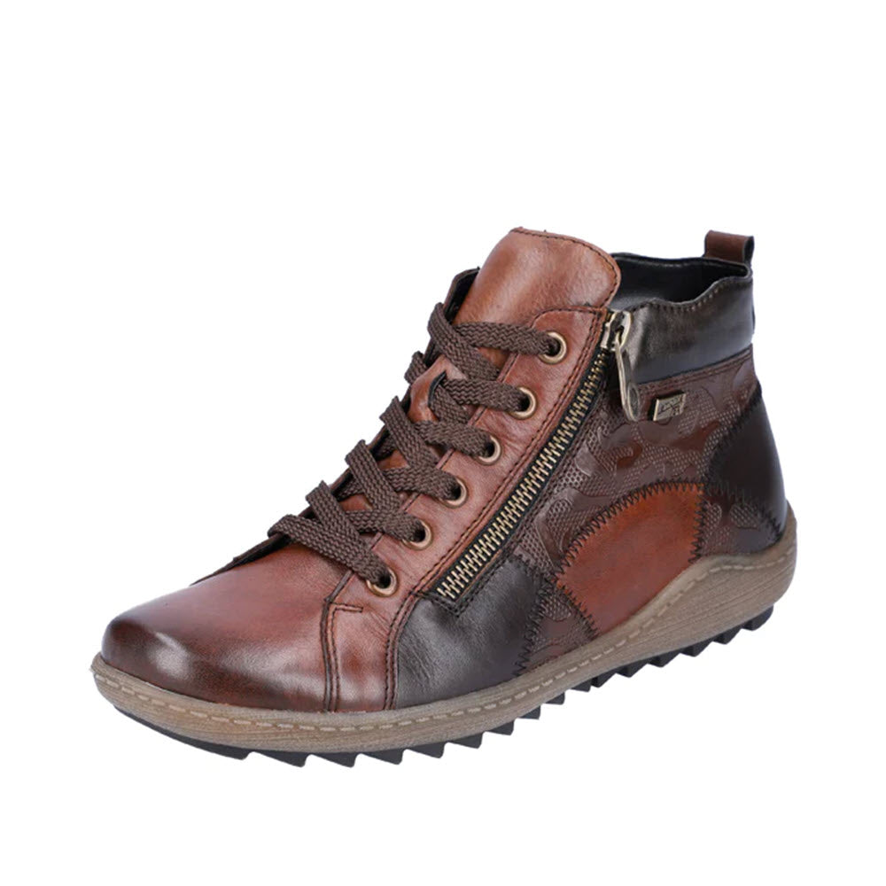 A stylish brown leather lace-up ankle boot by Remonte, featuring a side zipper and a rugged, high-traction outsole. The REMONTE MIXED MATERIAL HIGH TOP CHESTNUT COMBI - WOMENS seamlessly blends fashion and functionality.