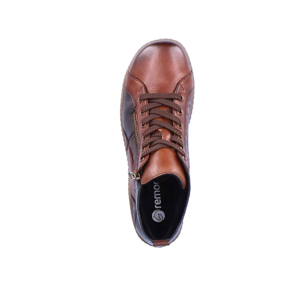 Top view of a brown leather shoe with laces, a zipper on the side, and a high-traction outsole. The insole is black with the brand name &quot;Remonte,&quot; making it both practical and stylish. The product is the REMONTE MIXED MATERIAL HIGH TOP CHESTNUT COMBI - WOMENS.