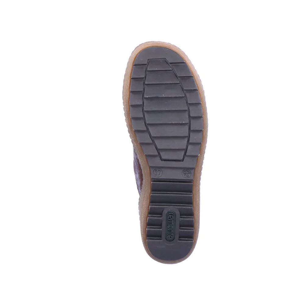A photo of the sole of a stylish boot featuring a black tread pattern and a brown edge. The high-traction outsole has rectangular grooves, and the brand name &quot;Remonte&quot; is visible near the heel. The product shown is the REMONTE MIXED MATERIAL HIGH TOP CHESTNUT COMBI - WOMENS.