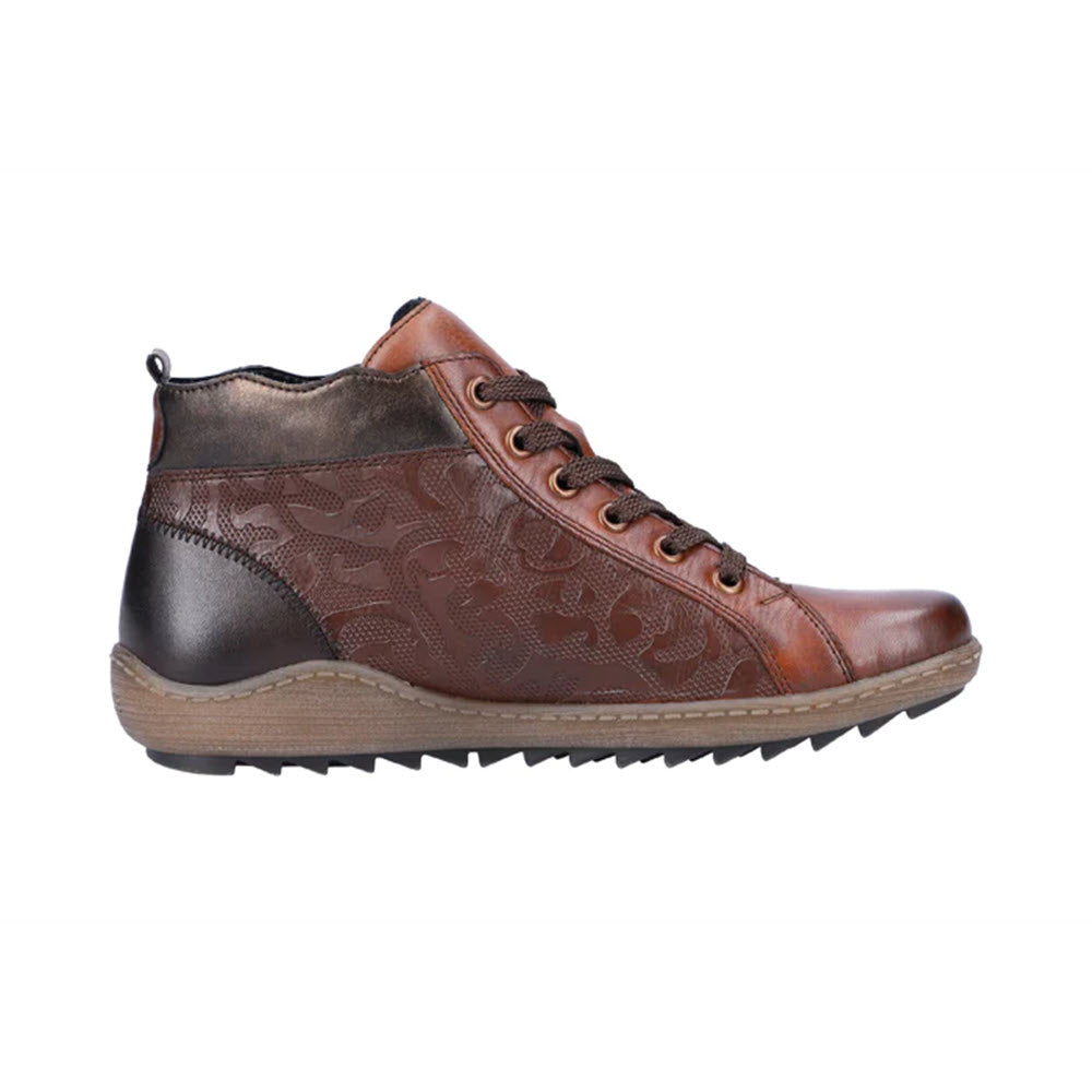 A REMONTE MIXED MATERIAL HIGH TOP CHESTNUT COMBI - WOMENS with a patterned side panel, black back heel, and a high-traction outsole for added grip. This stylish boot by Remonte ensures both fashion and function.