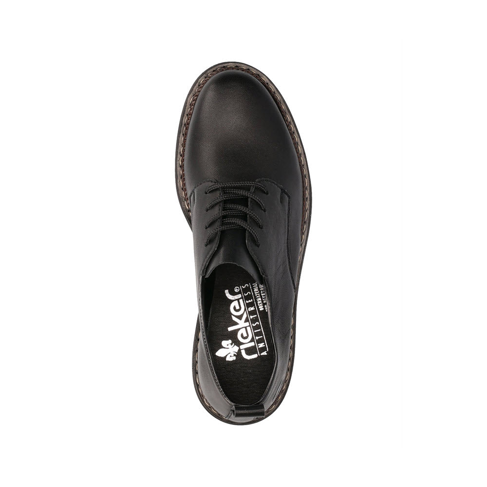 Black leather Rieker casual lace-up shoe viewed from above, boasting antistress qualities.