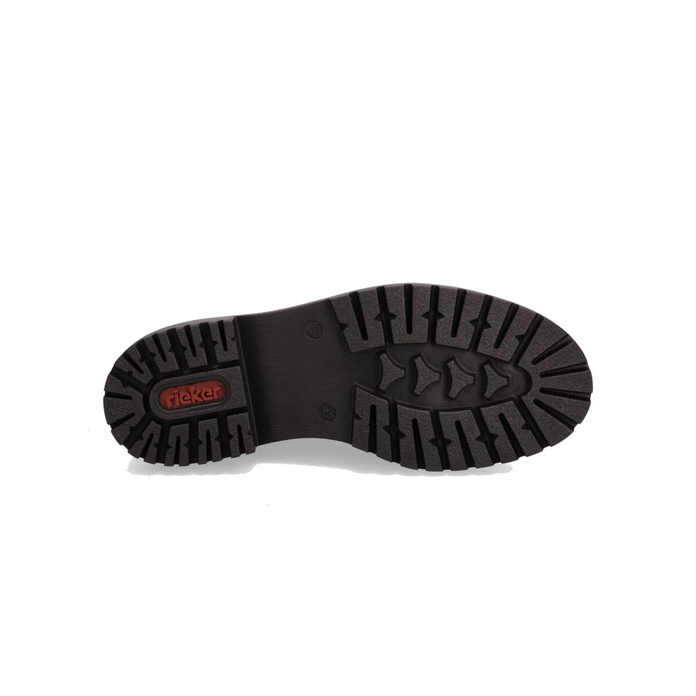 Sole of a Rieker modern tailored oxford black women&#39;s shoe with tread pattern and a visible brand logo.