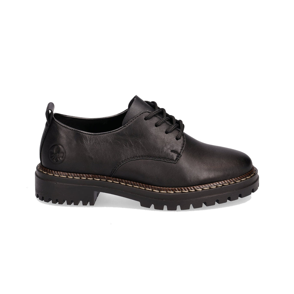 Replace with: Rieker black leather derby business shoe with antistress qualities, contrast stitching, and a rugged sole.