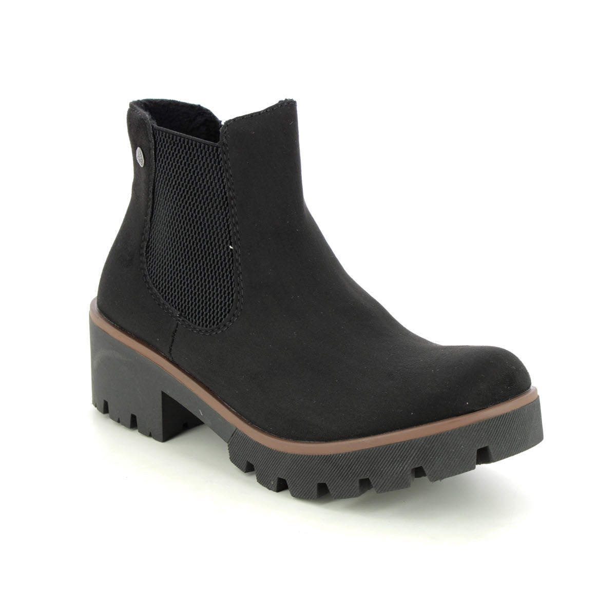 RIEKER CHUNKY HEEL CHELSEA BLACK STRETCH - WOMENS with a chunky sole, brown midsole, and side elastic panel for easy wear. These Chelsea boots from Rieker also feature a soft insole for added comfort.