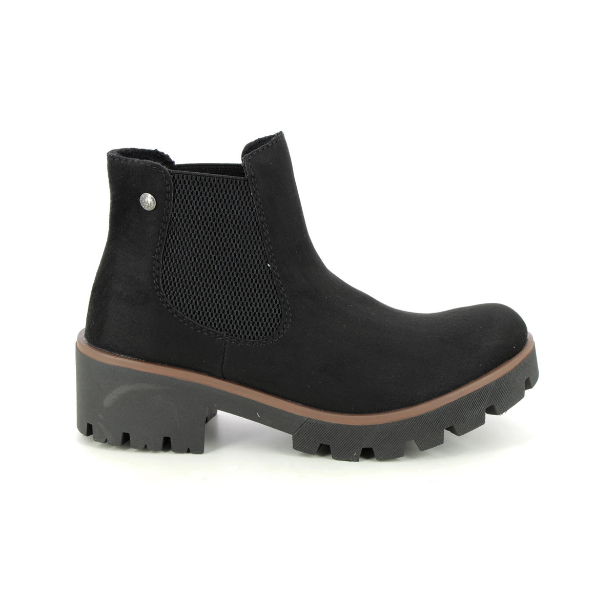 A side view of a graphite black RIEKER CHUNKY HEEL CHELSEA BLACK STRETCH - WOMENS with a chunky sole, brown trim, and elastic side panels for easy slip-on. The boot also features a soft insole for added comfort.