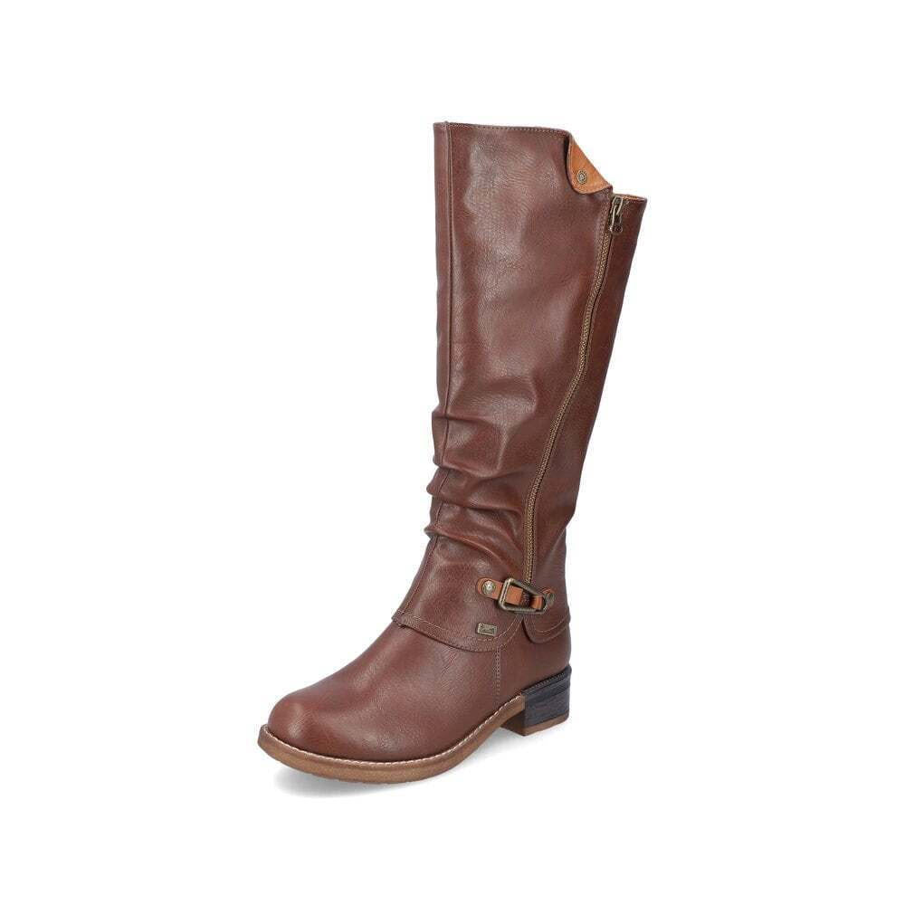 A Rieker chocolate leather knee-high boot with a buckle at the ankle and a raised heel, displayed against a white background. This winter footwear offers style and practicality for colder seasons.