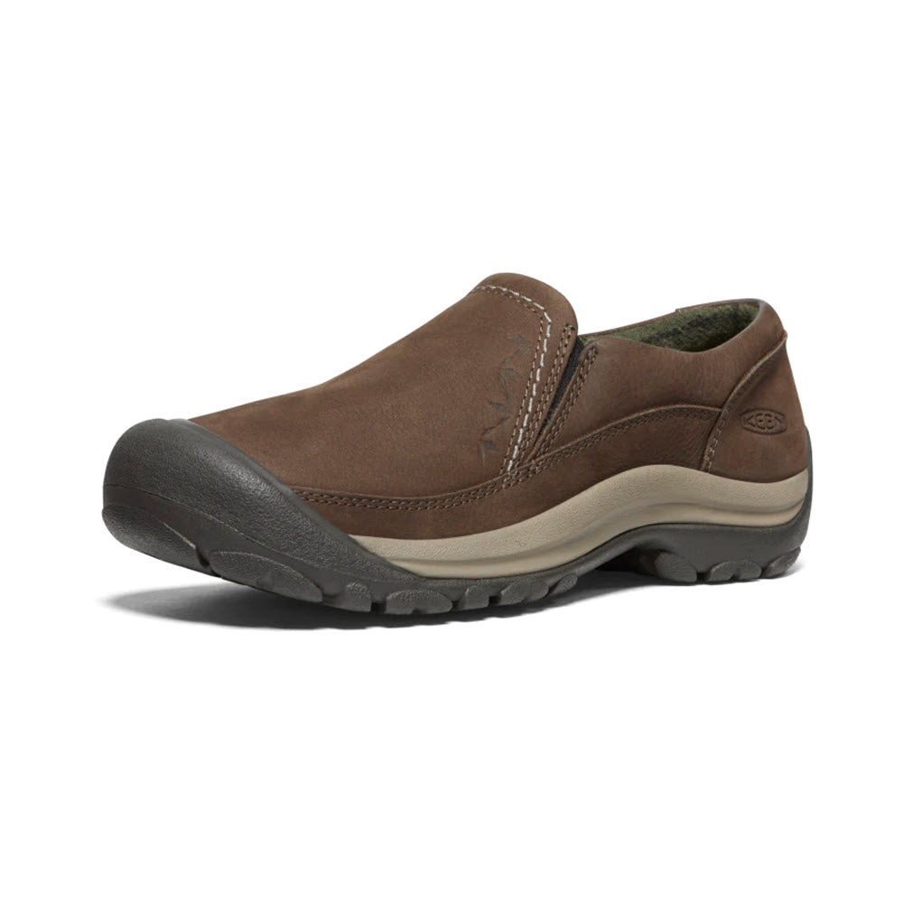 A single KEEN KACI III WINTER DARK EARTH - WOMENS with a black rubber sole and rounded toe, designed for outdoor use with visible stitching, warmth, and Keen branding on the side.