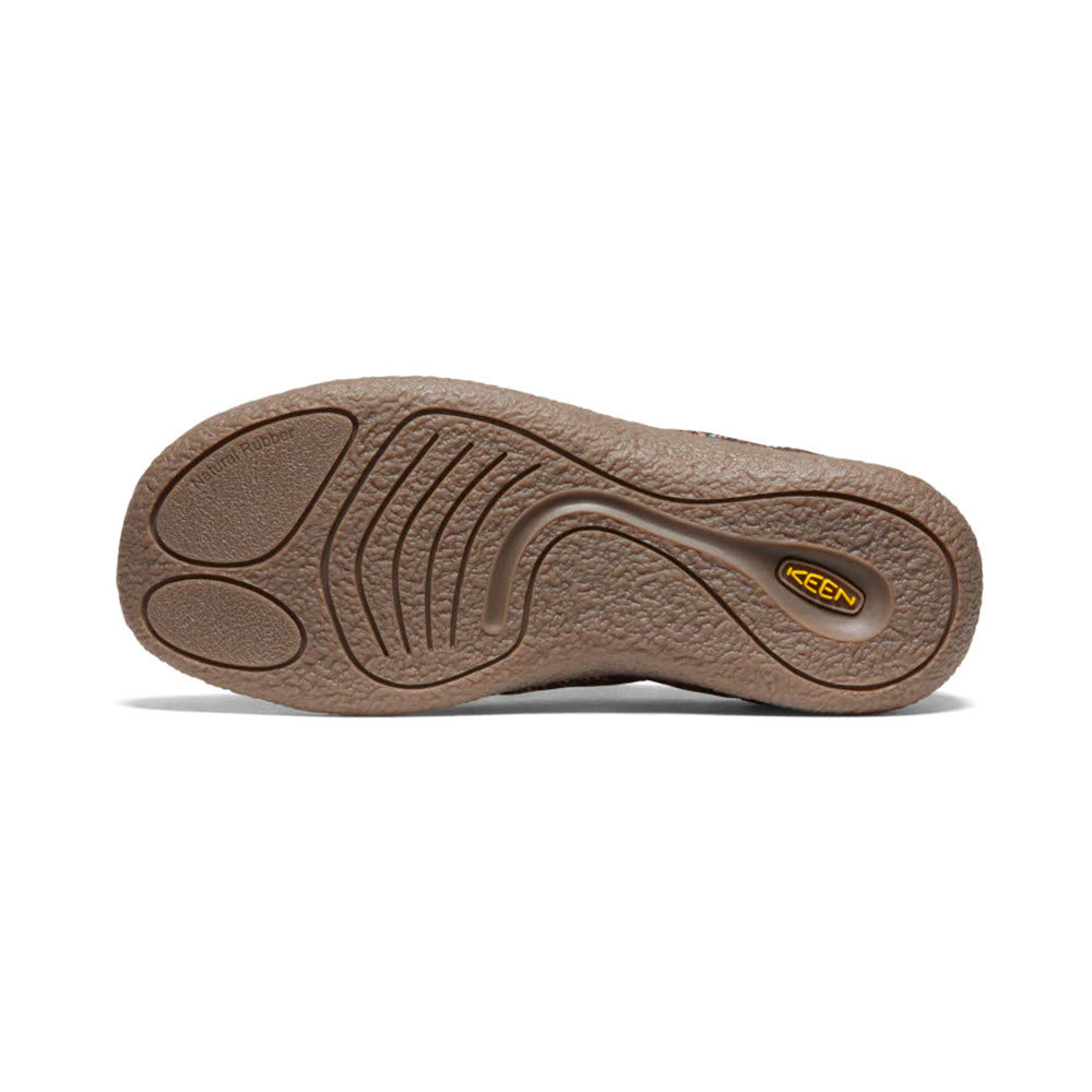 The super comfy sole of a brown KEEN HOWSER III SLIDE ANDORRA CAMO - WOMENS from Keen features a textured bottom with distinct treads and an oval KEEN logo in yellow and brown near the heel.