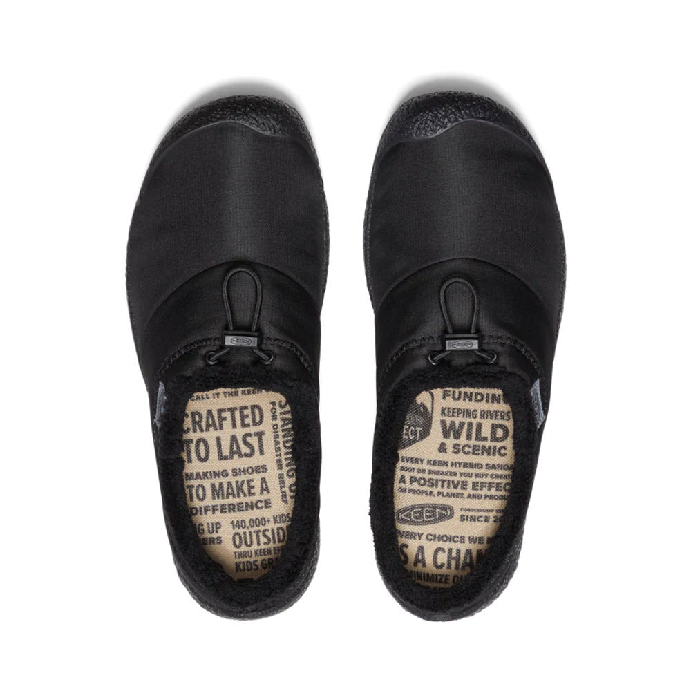 A pair of KEEN HOWSER III SLIDE BLACK SMOOTH NYLON - WOMENS by Keen with text detailing on the insoles emphasizing sustainability and quality craftsmanship, featuring hybrid comfort slide technology for optimal traction.
