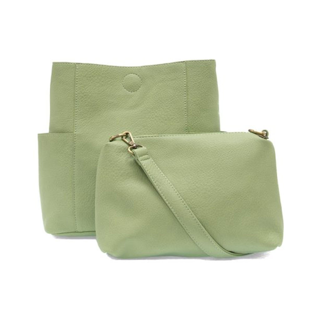 Three Joy Susan Kayleigh Side Pocket Bucket Bags in Mint vegan leather, displayed against a white background, with zipper closures.