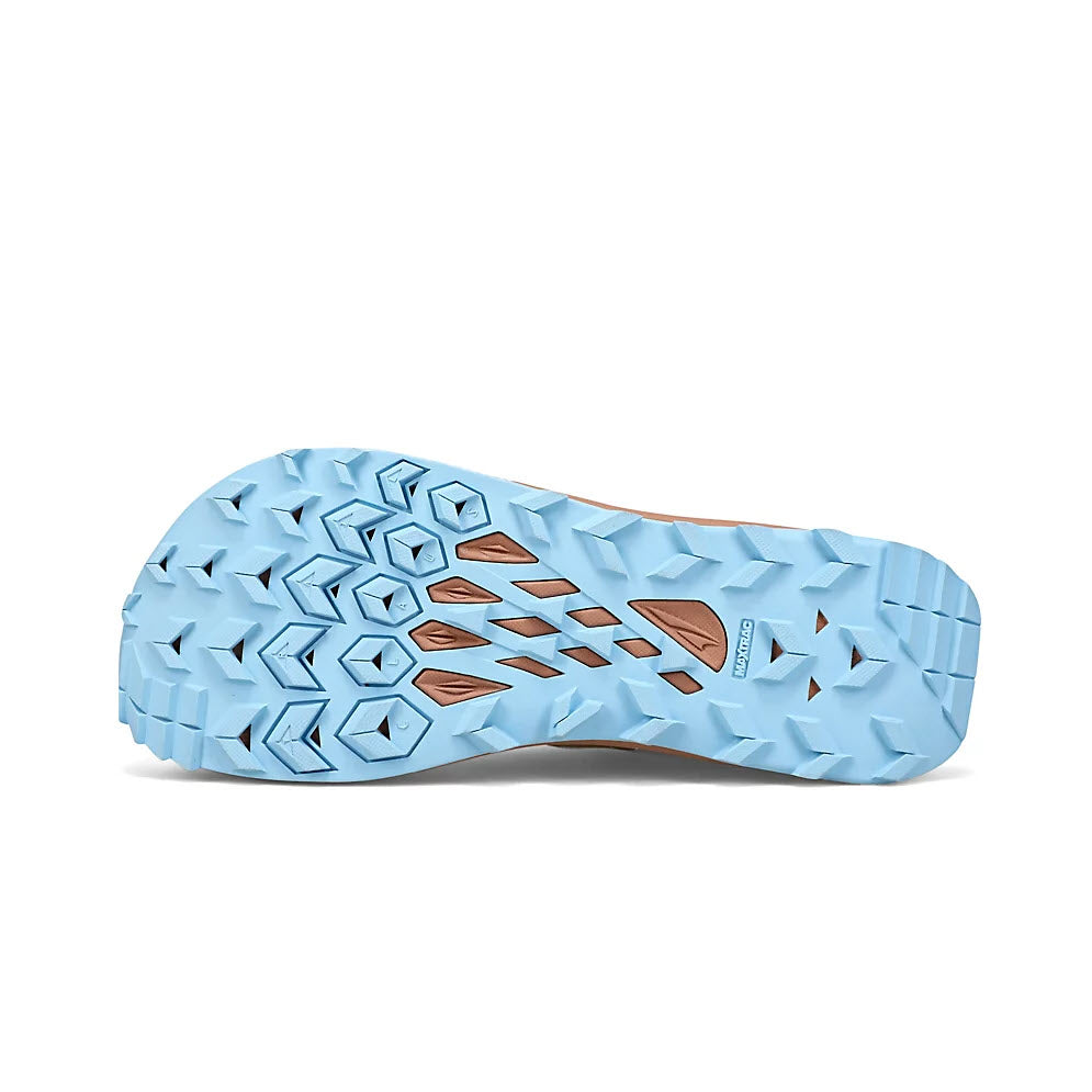 Altra Lone Peak 7 Tan - Womens trail shoe sole displaying a detailed tread pattern with triangular and diamond-shaped lugs and a brown Altra logo mark.