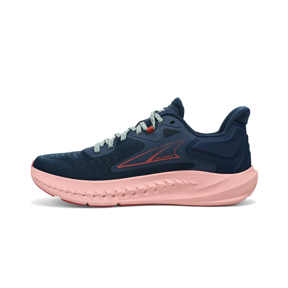 A single navy blue and pink Altra Torin 7 Deep Teal/Pink running shoe with a prominent brand logo on the side, featuring a textured sole and a lace-up front.