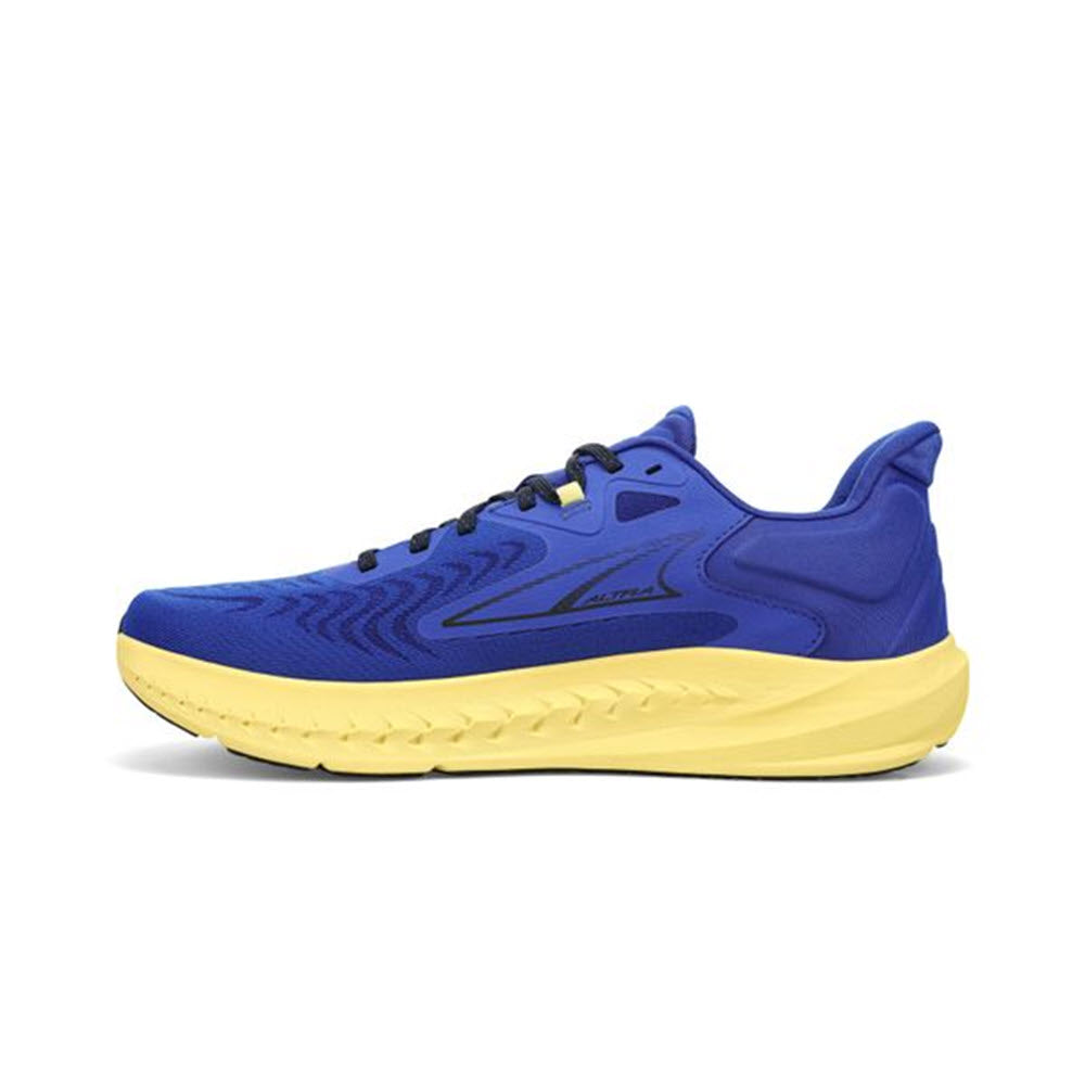 A Altra TORIN 7 blue and yellow running shoe with Balanced Cushioning™ and a prominent sole design and lacing system, displayed against a plain white background.