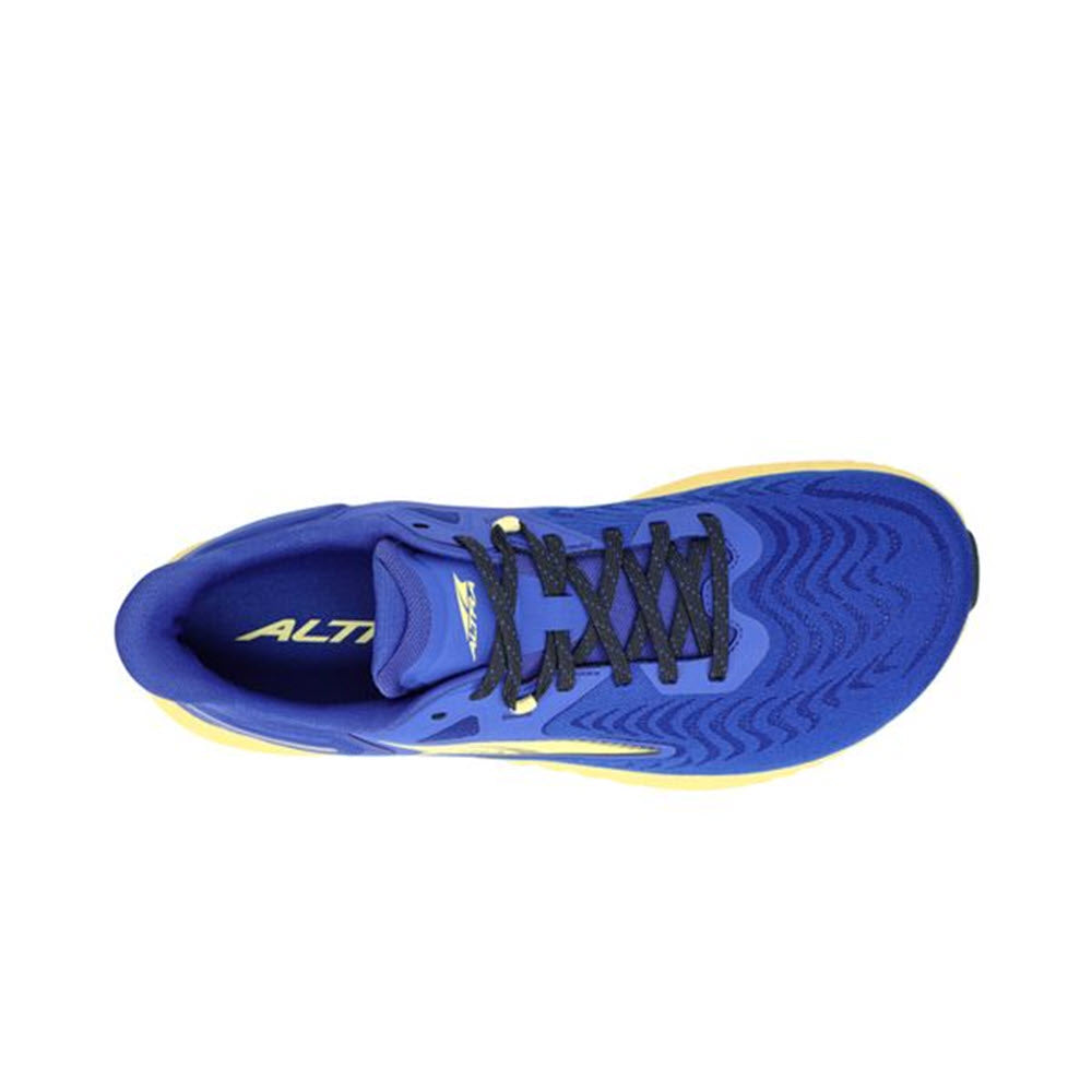 Top view of a single Altra Torin 7 blue and black running shoe with distinct textured sole and Balanced Cushioning™ black laces.