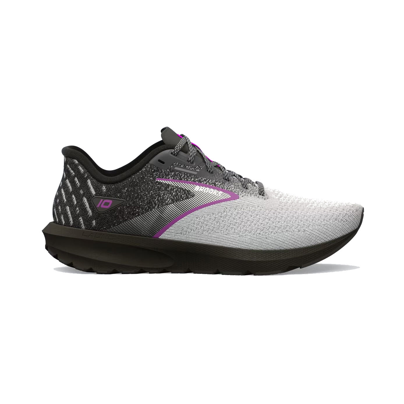 A gray and black athletic running shoe with a white and purple accent design, black sole, and black laces, shown in a side profile against a white background.