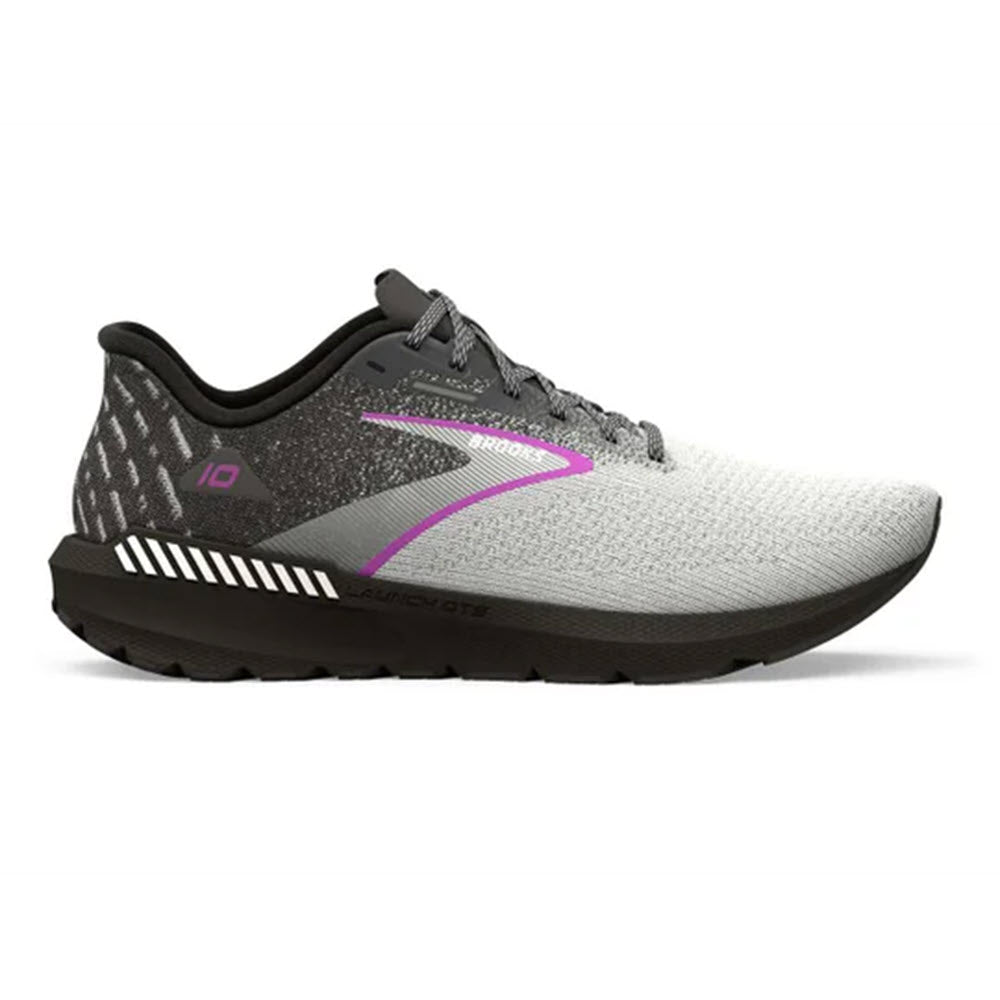 A gray and black athletic running shoe with a purple accent and a black sole, featuring a patterned heel, diagonal stripes on the midsole, and a mesh upper for breathability.