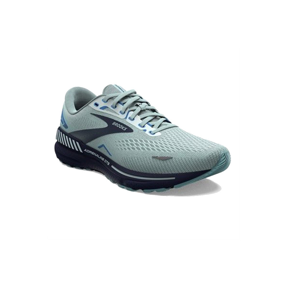A light gray Brooks Adrenaline GTS 23 Blue Glass/Nile Blue/Marina running shoe with blue accents on a white background.