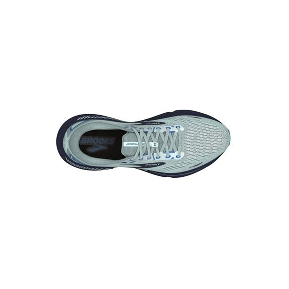 Top view of a white and blue Brooks Adrenaline GTS 23 women&#39;s running shoe with laced-up front.