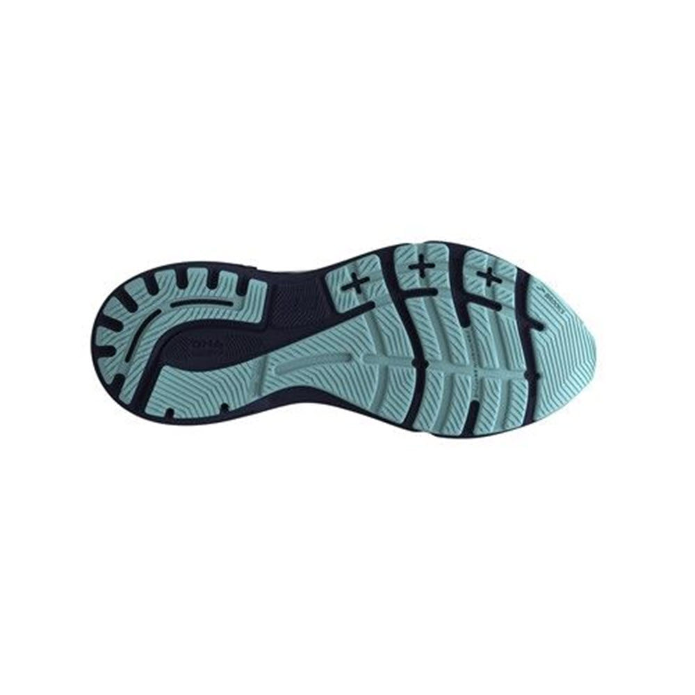 Sole of a Brooks women&#39;s Adrenaline GTS 23 running shoe showing tread pattern in black and light blue on a white background.