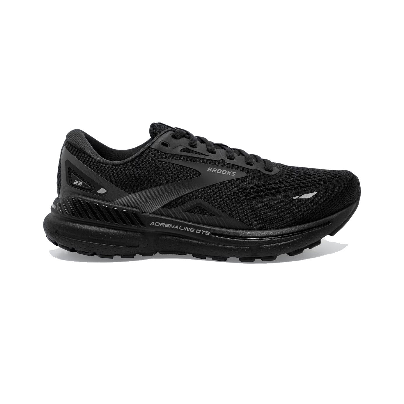 A single black Brooks Adrenaline GTS 23 stability running shoe featuring DNA LOFT v2 cushioning, against a white background.