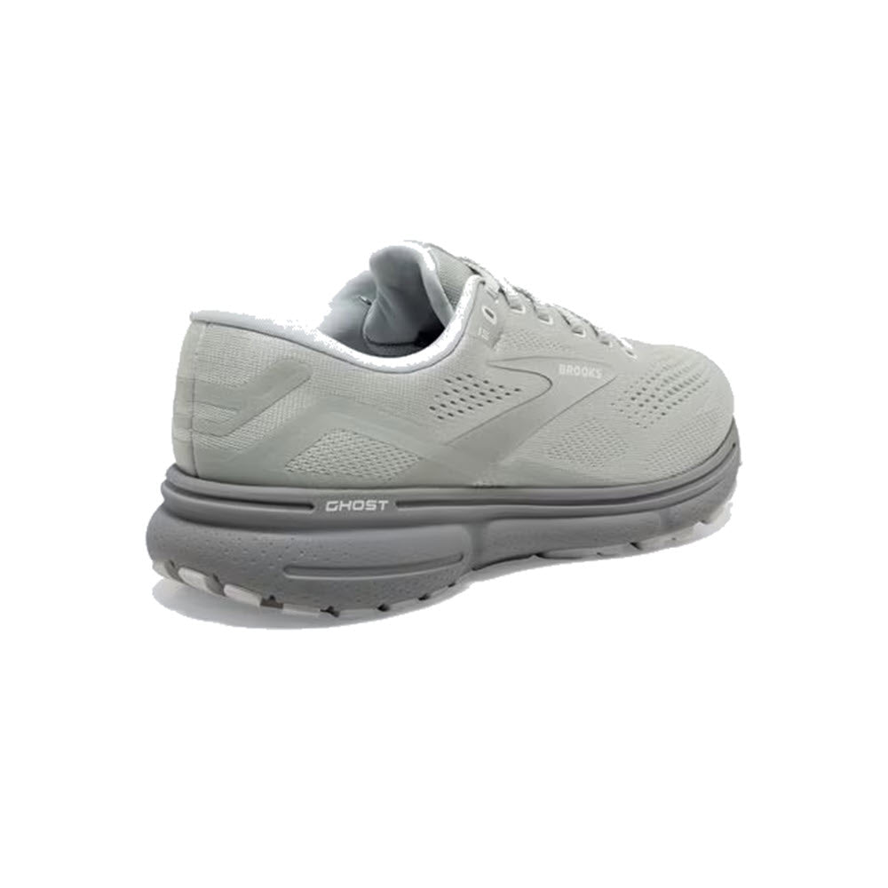 A single light gray Brooks Ghost 15 Green Silence running shoe with soft cushioning on a white background.