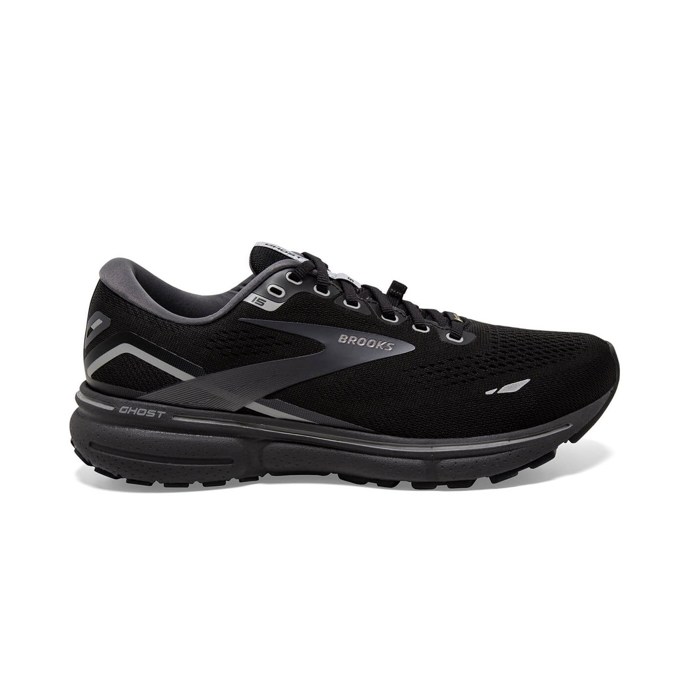 A Brooks Ghost 15 GTX Black/Blackened Pearl running shoe, designed with DNA LOFT cushioning and stylish gray accents, displayed in profile view against a white background.
