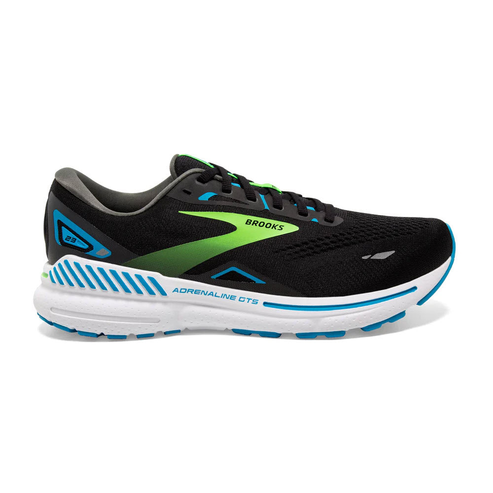 A Brooks Adrenaline GTS 23 stability running shoe in black with blue and green accents on a white background.