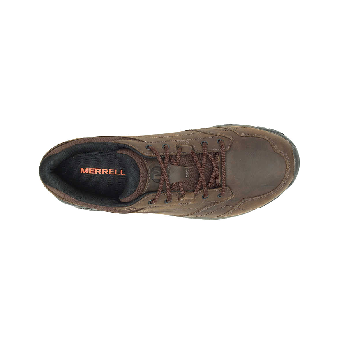 Top view of a single brown Merrell Moab Adventure Lace WP Oxford Dark Earth hiking shoe showing the laces and logo on the insole.