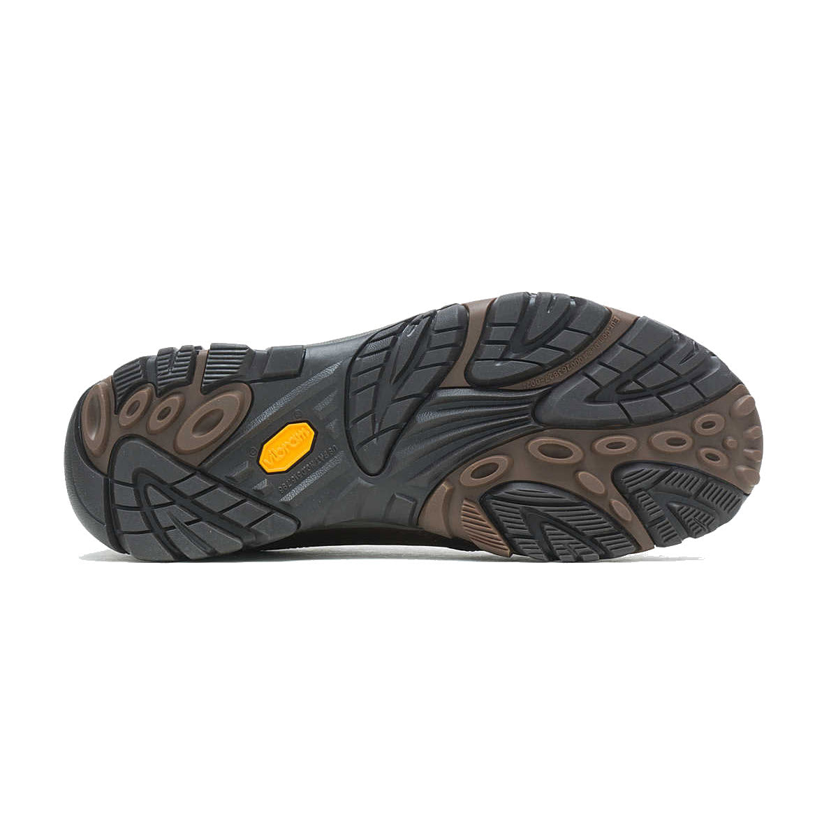 Bottom view of a Merrell shoe featuring a detailed tread pattern with black and brown rubber sole designed for all-day comfort and a yellow Merrell logo.