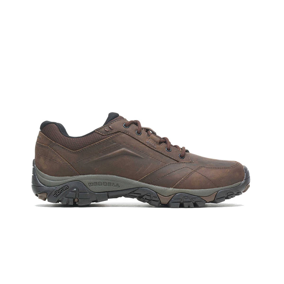 Brown leather Merrell Moab Adventure Lace WP Oxford Dark Earth hiking shoe on a white background, designed for all-day comfort.