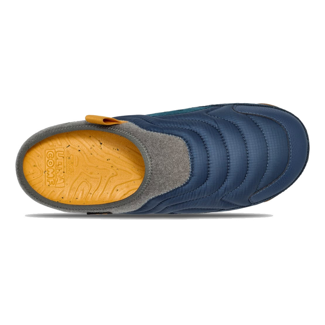 Side view of a Teva Reember Terrain Slip On Blue Wing Teal - Mens with a rubber sole and a pull tab on the heel.