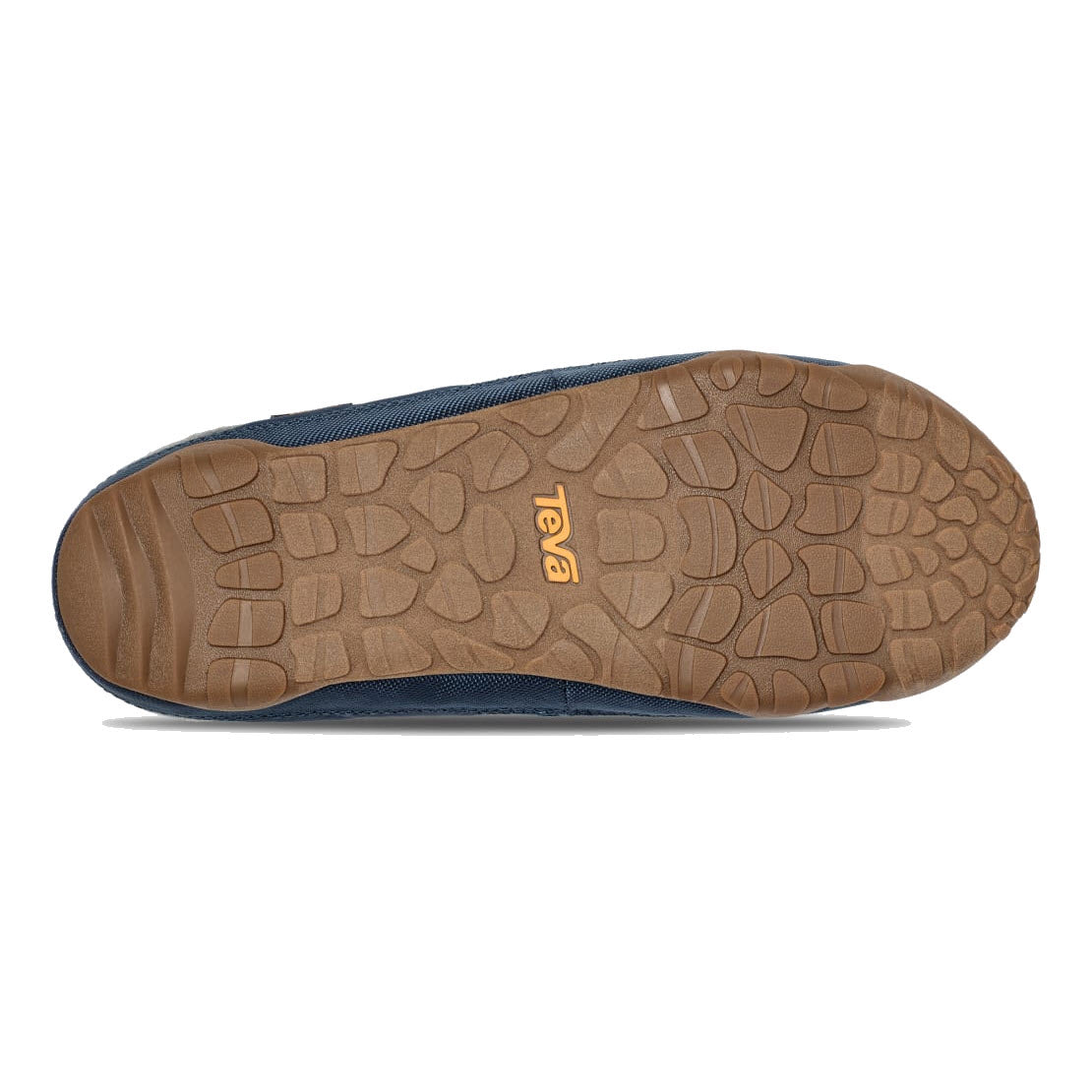 Bottom view of a TEVA REEMBER TERRAIN SLIP ON BLUE WING TEAL - MENS featuring a brown rubber sole with a pattern of hexagons and ridges; the brand Teva is embossed in yellow.