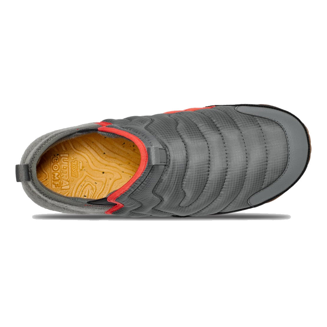 Top view of a gray TEVA REEMBER TERRAIN MID SLIP ON SEDONA SAGE MULTI - MENS sneaker with orange accents, displaying its textured sole and TevaRAPID RESIST fabric upper.