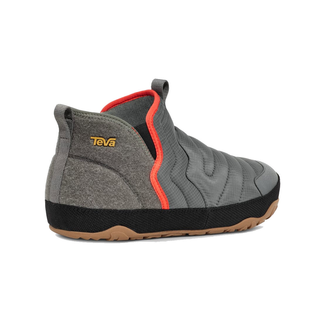 A Teva brand grey and black TEVA REEMBER TERRAIN MID SLIP ON SEDONA SAGE MULTI ankle boot with an orange detail on a white background.