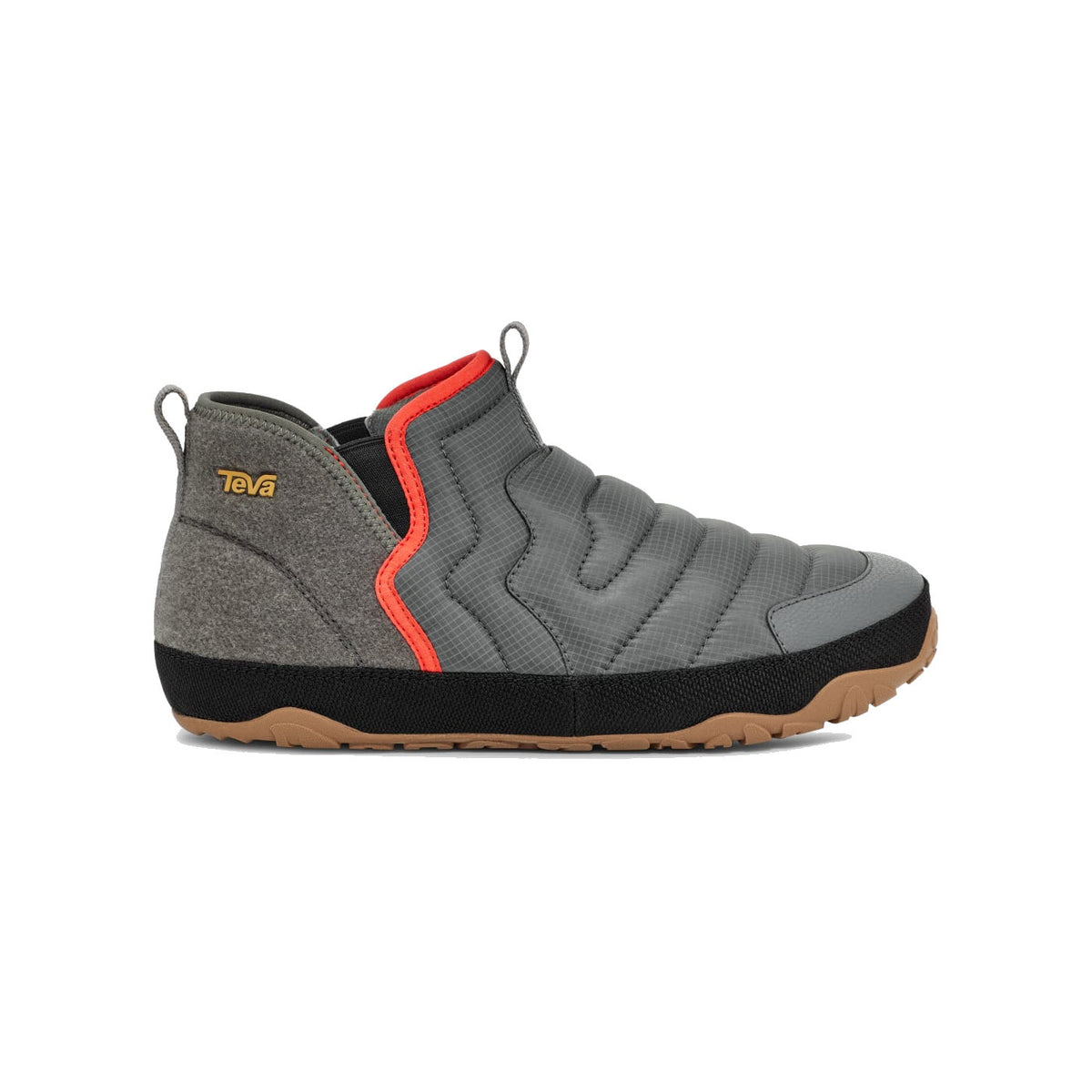 A Teva brand REEMBER TERRAIN MID SLIP ON SEDONA SAGE MULTI - MENS lightweight hiking boot in gray with a red accent, featuring a high-top design and a ULTRA-COMF footbed.