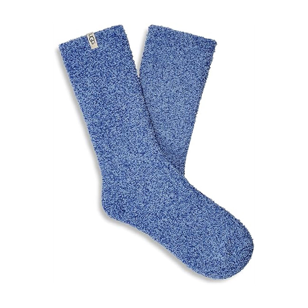 A pair of UGG DARCY COZY CREW SOCKS BLUE LOTUS lying flat on a white background.