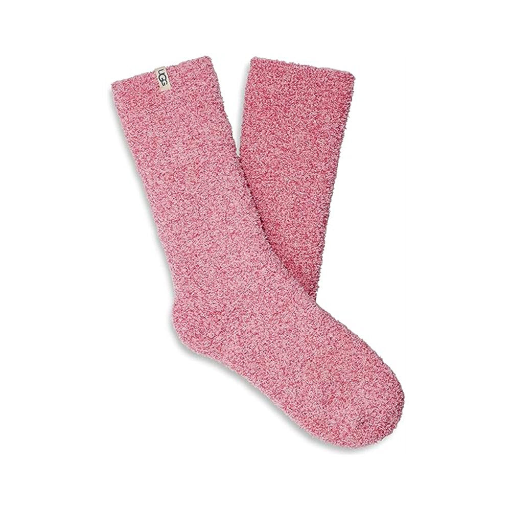 A pair of UGG DARCY COZY CREW SOCKS in Pink Meadow, isolated on a white background.