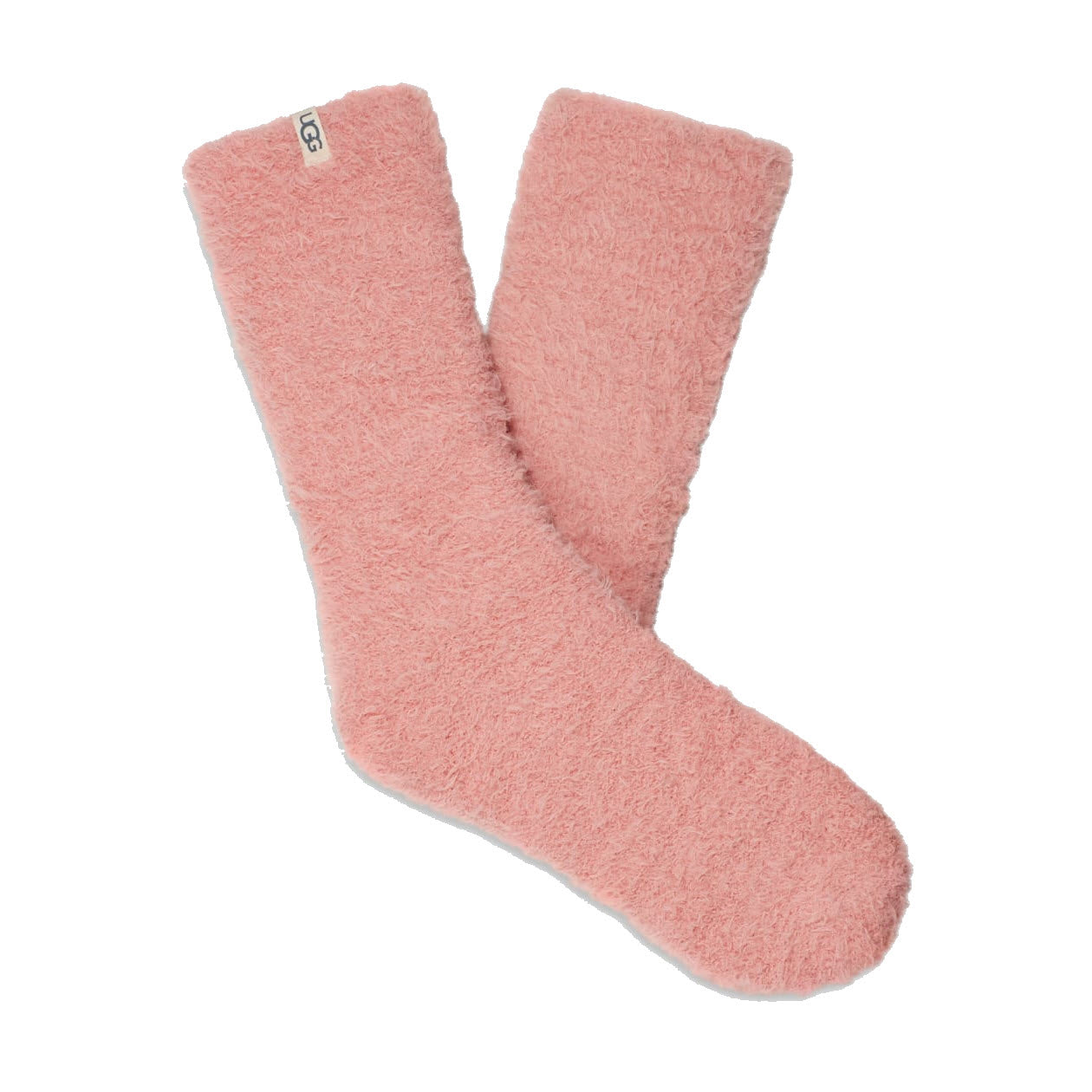 A pair of UGG Teddi Cozy crew socks in clay pink, soft knit, isolated on a white background.