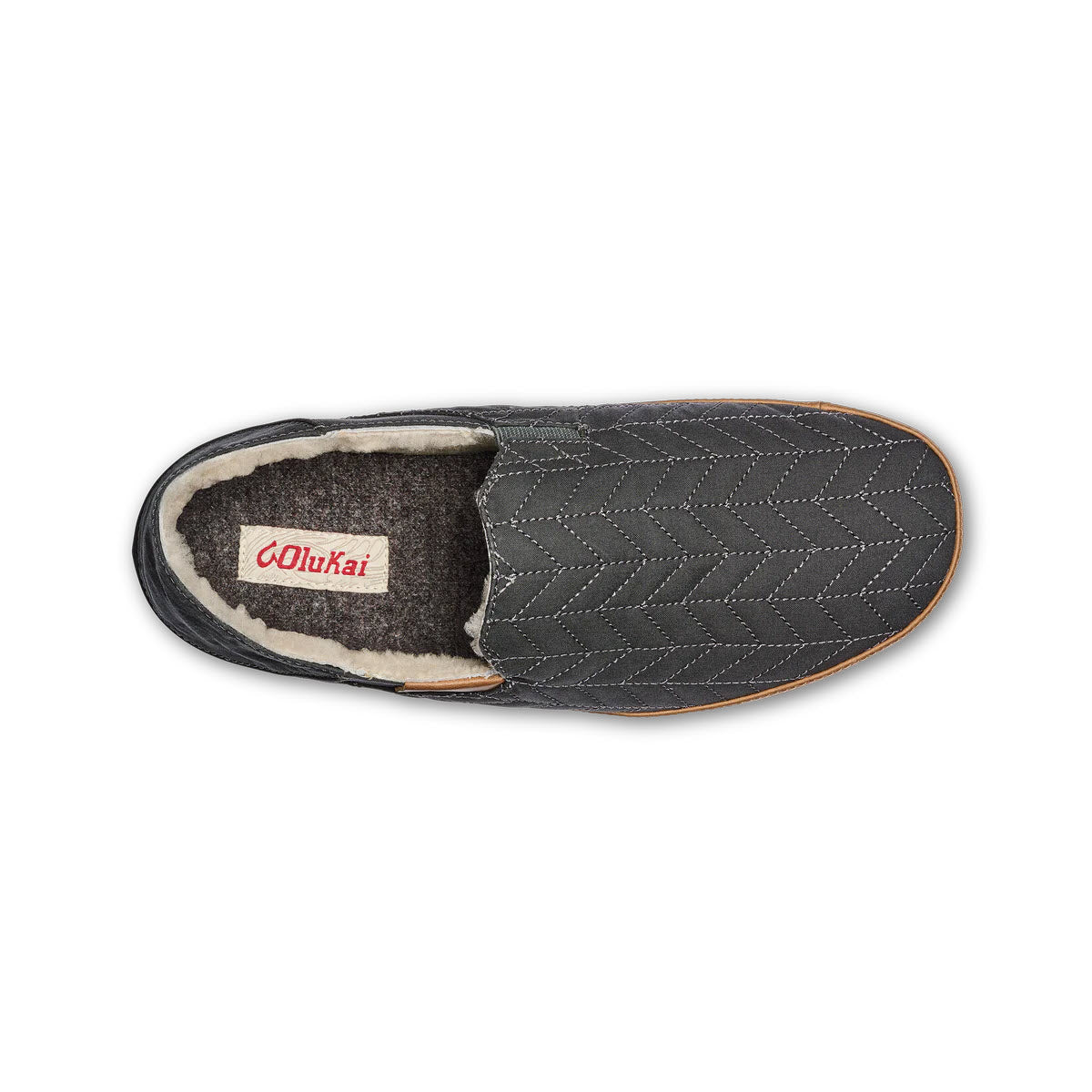 Top view of a single Olukai Hanohano Canvas Shearling Slipper Dark Shadow - Mens with waxed canvas upper and genuine shearling lining, featuring quilted stitching.