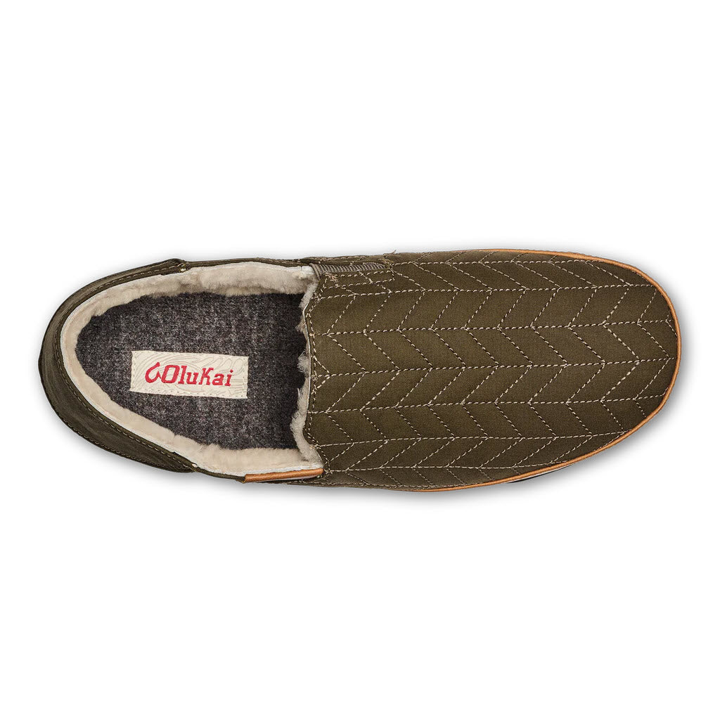 Top-down view of an Olukai slip-on shoe with a quilted interior lining and a genuine shearling collar.