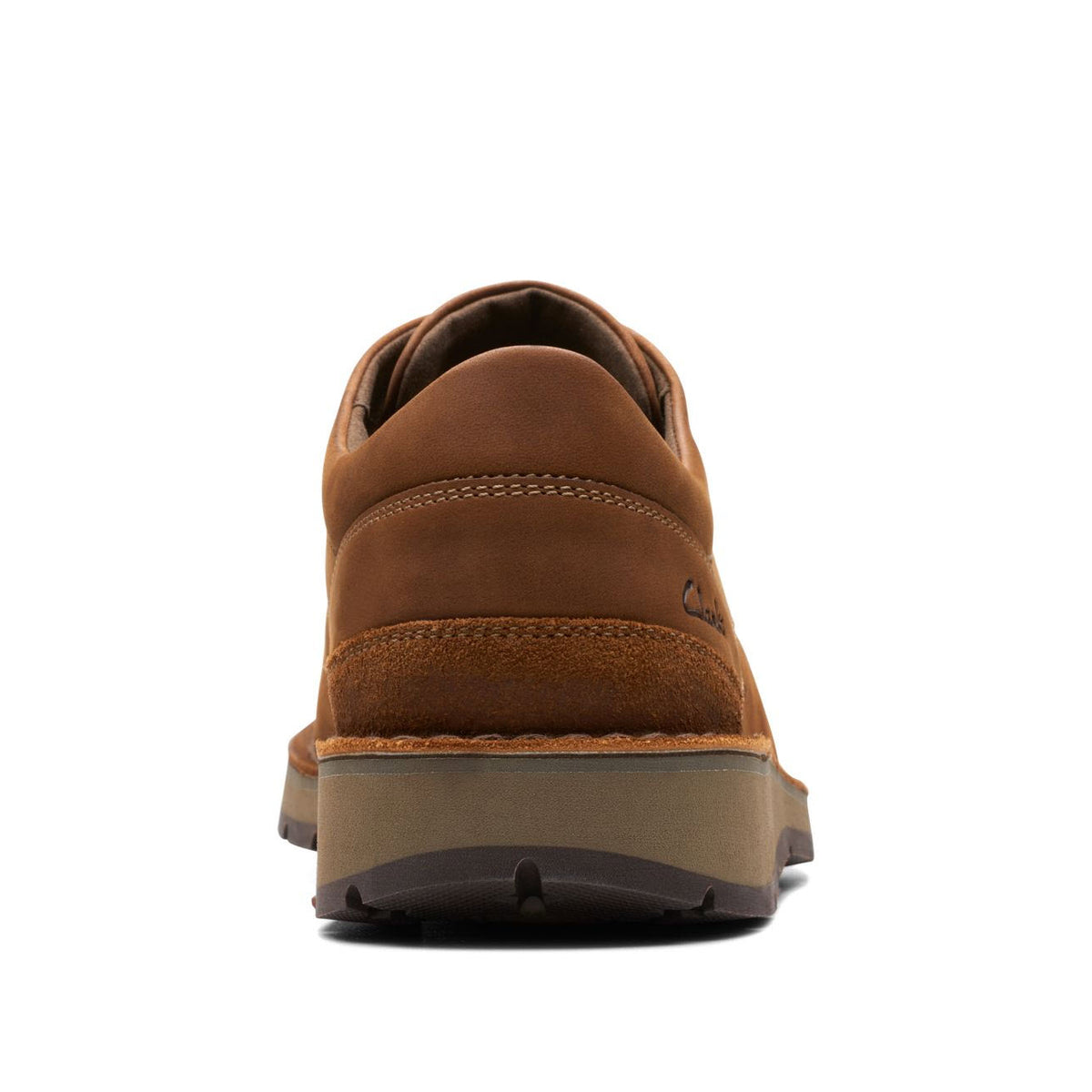 Rear view of a single Clarks Gravelle Low Lace Oxford Dark Brown Nubuck hiking shoe featuring Active Air technology and visible branding on the heel, set against a white background.